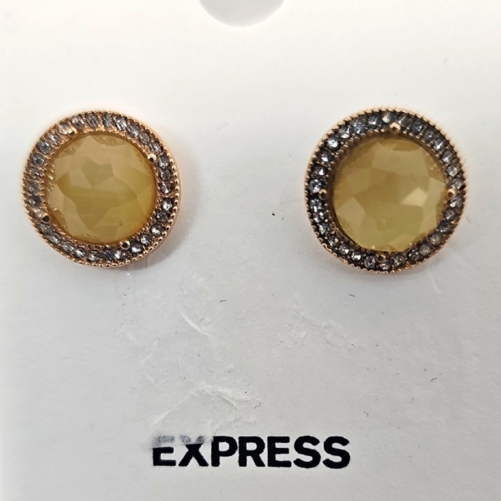 Express Delicate Post Earring Yellow Green w Faux Diamond Crystals & Gold Base‎